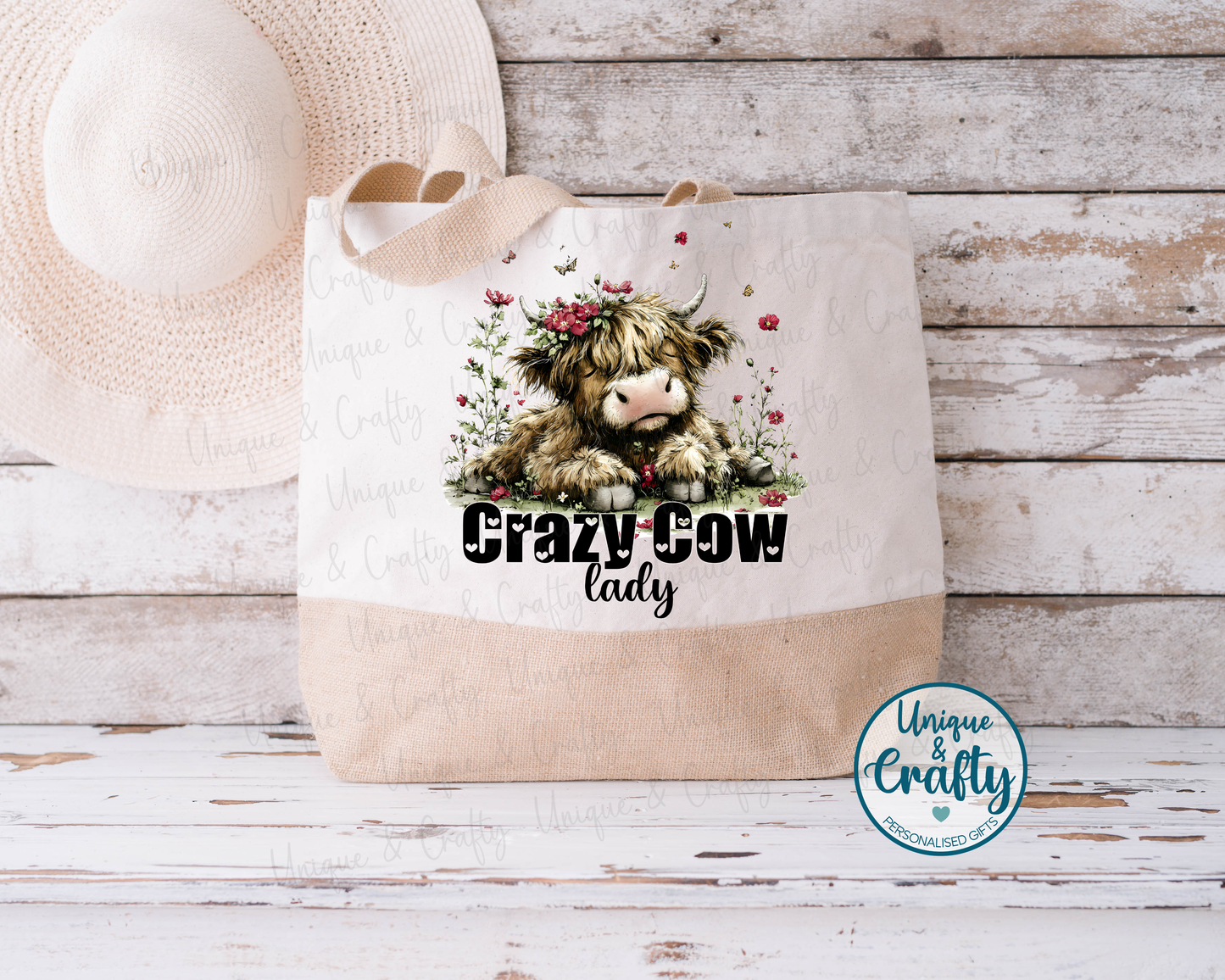 Crazy Cow lady Extra large Jute Bag. Mum teacher beach