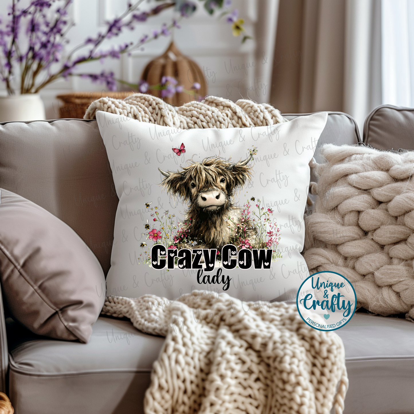 Crazy Cow lady Cushion. Mothers day mum Highland cow