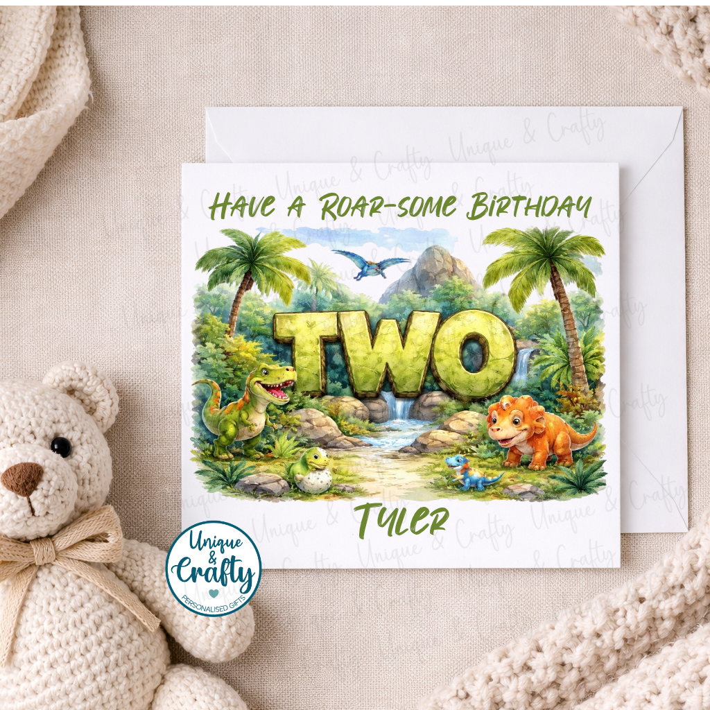 Personalised Dinosaur themed birthday card.. 6x6in card