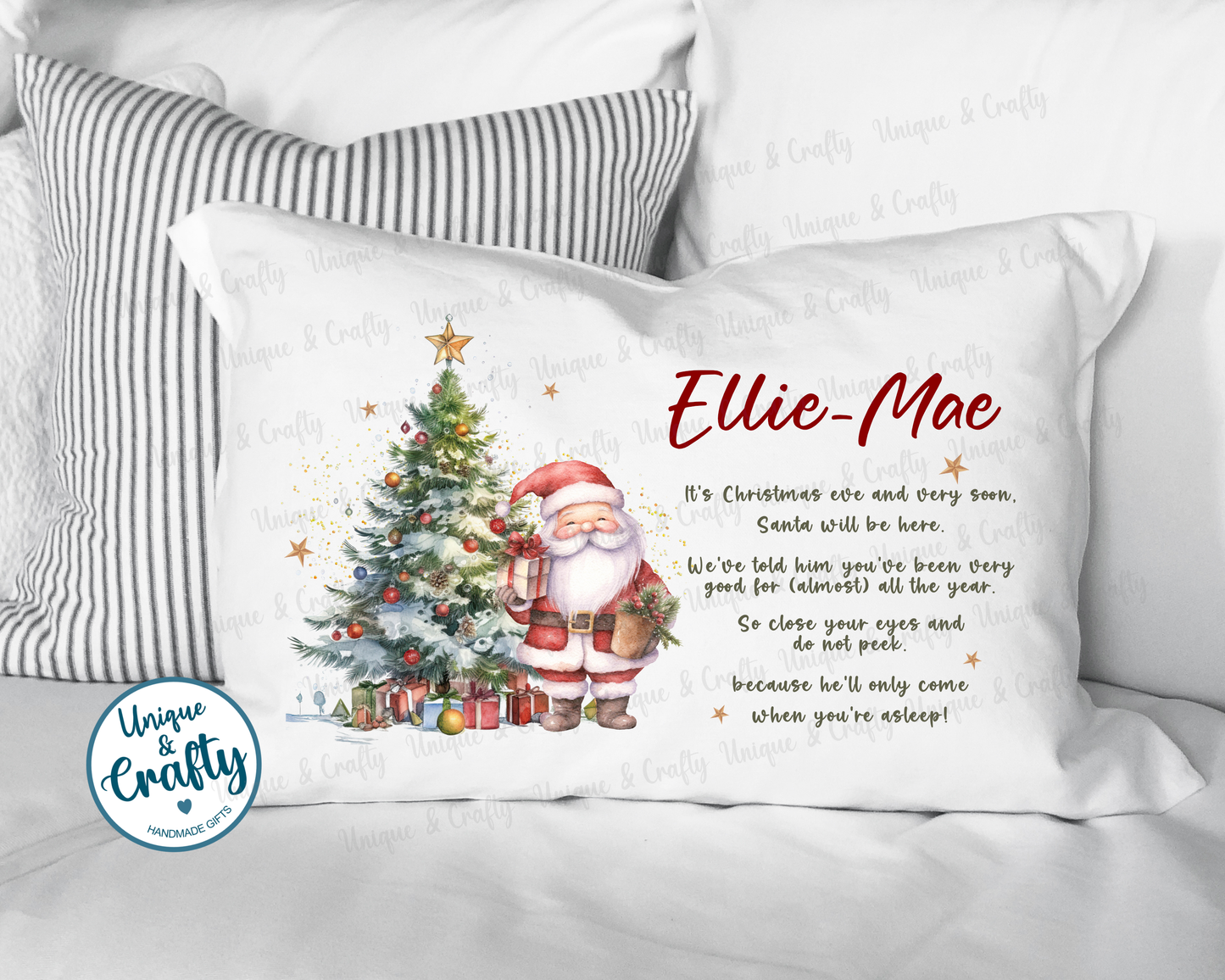 Christmas Eve Pillowcase, Santa and tree. Pillow, cushion.