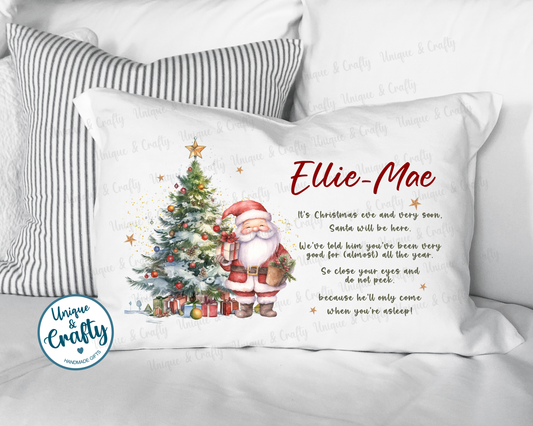 Christmas Eve Pillowcase, Santa and tree. Pillow, cushion.