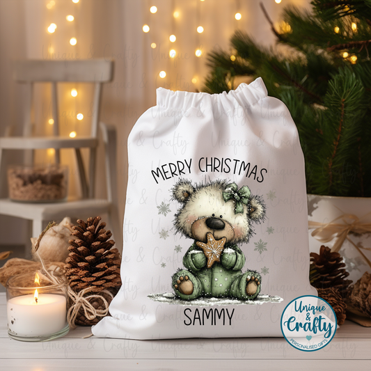 Green whimsical Teddy Sack.. Christmas Drawstring bag Sack .. Christmas Eve idea, stocking alternative