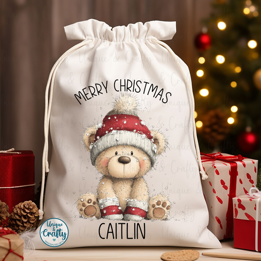 Bear.. Christmas Drawstring bag Sack .. Christmas Eve idea, stocking alternative