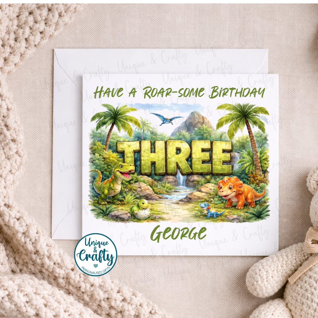 Personalised Dinosaur themed birthday card.. 6x6in card