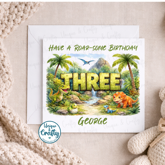 Personalised Dinosaur themed birthday card.. 6x6in card