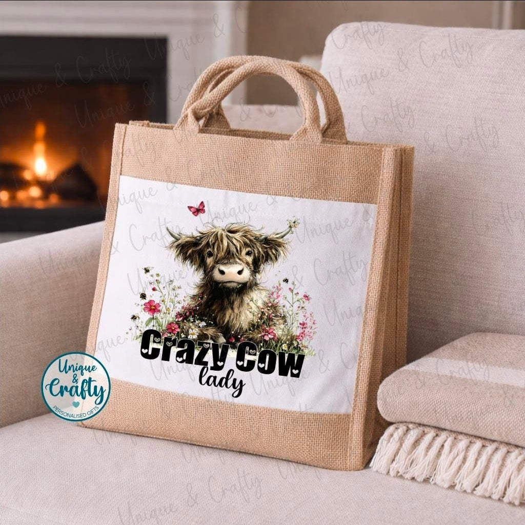 Crazy Cow lady Jute Small.. Mothers day, lunch bag, shopping