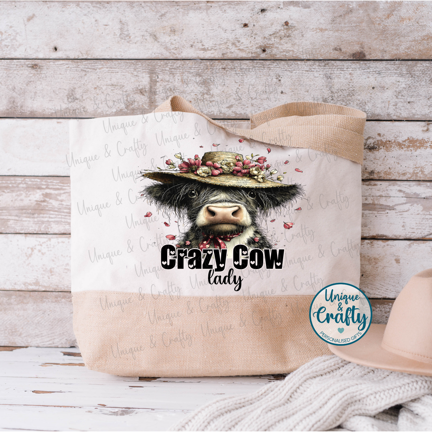 Crazy Cow lady Extra large Jute Bag. Mum teacher beach