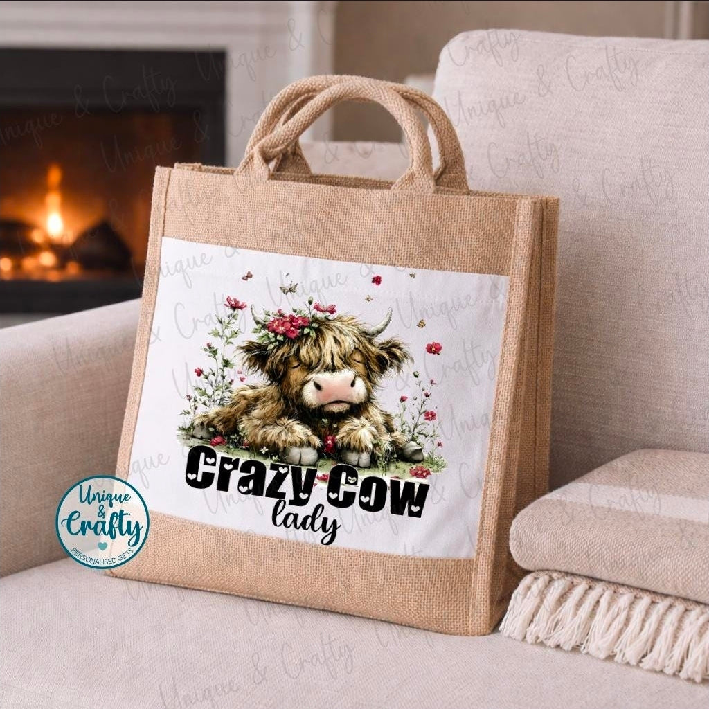 Crazy Cow lady Jute Small.. Mothers day, lunch bag, shopping
