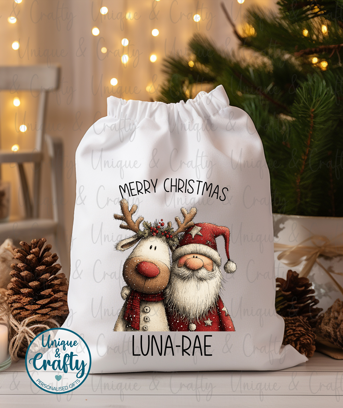 Santa and Reindeer.. Christmas Drawstring bag Sack .. Christmas Eve idea, stocking alternative