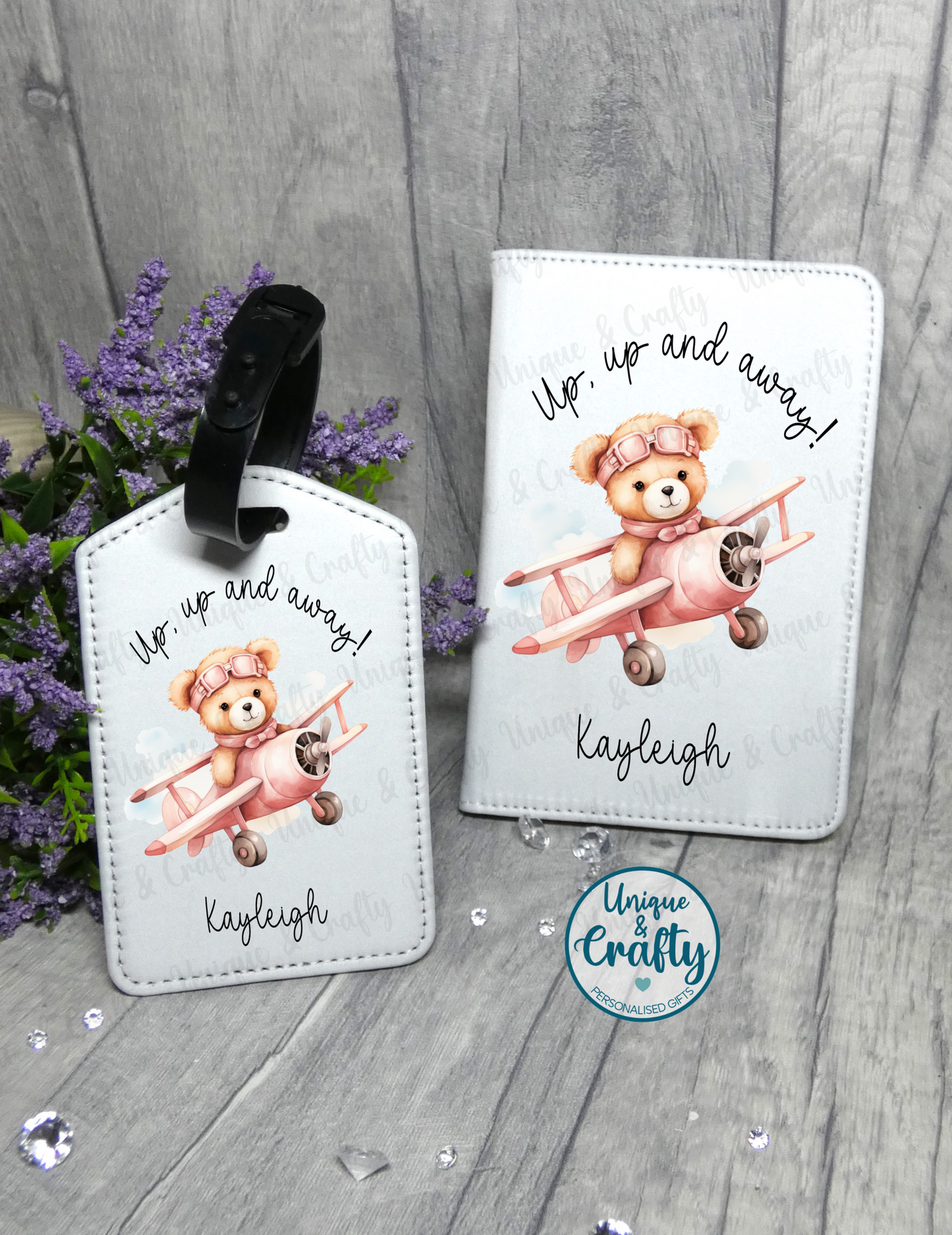 Up, Up and away. Passport Cover and Luggage Tag. First holiday.