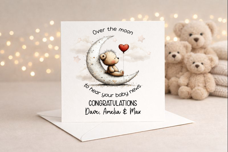 Over the Moon Baby News Congratulations Card