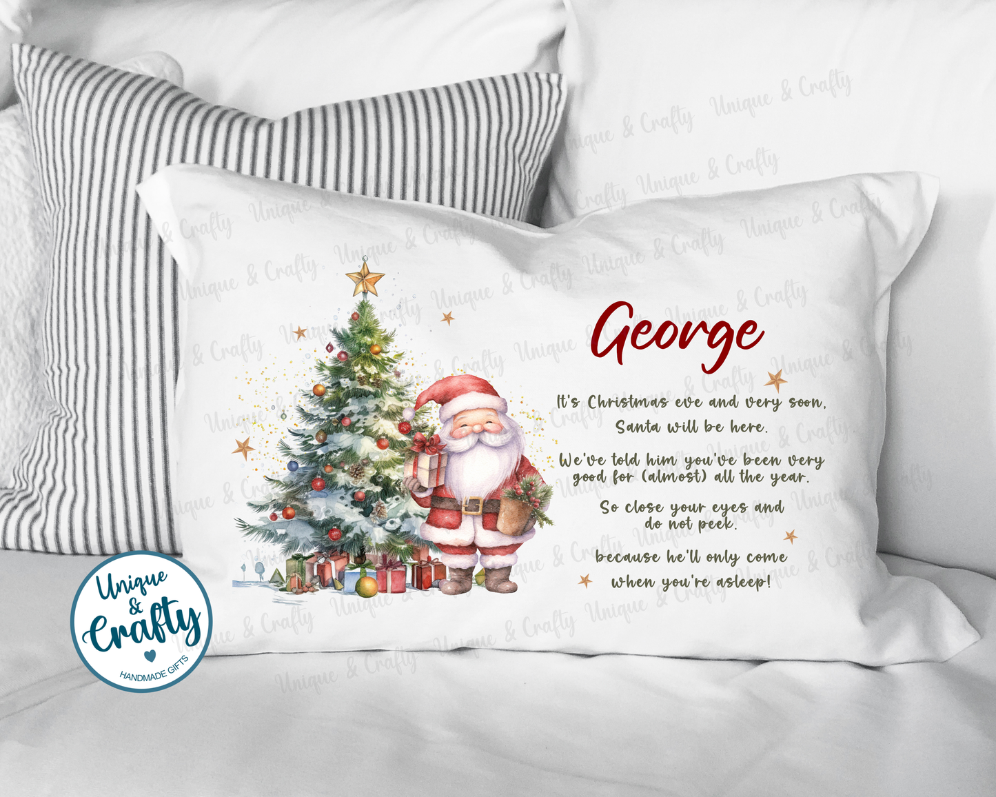 Christmas Eve Pillowcase, Santa and tree. Pillow, cushion.
