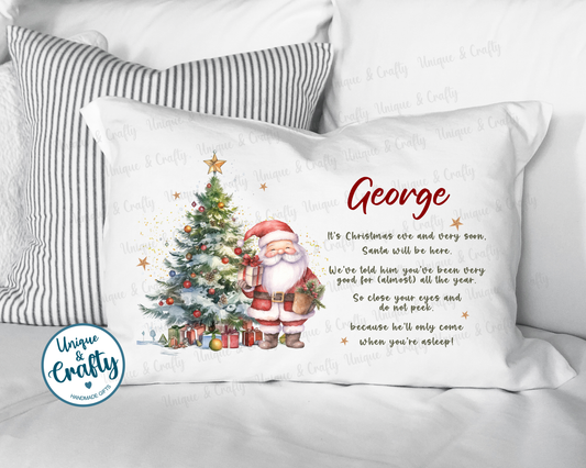 Christmas Eve Pillowcase, Santa and tree. Pillow, cushion.